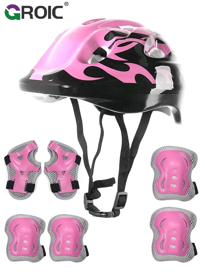 GROIC Kids Protective Gear Adjustable Protective Helmet,Kids Helmet Knee Elbow Pads Wrist Guard Sport Protective Gear Adjustable Scooter Skateboard Roller Bike Skate Cycling Safety Set - Pink - Image 1