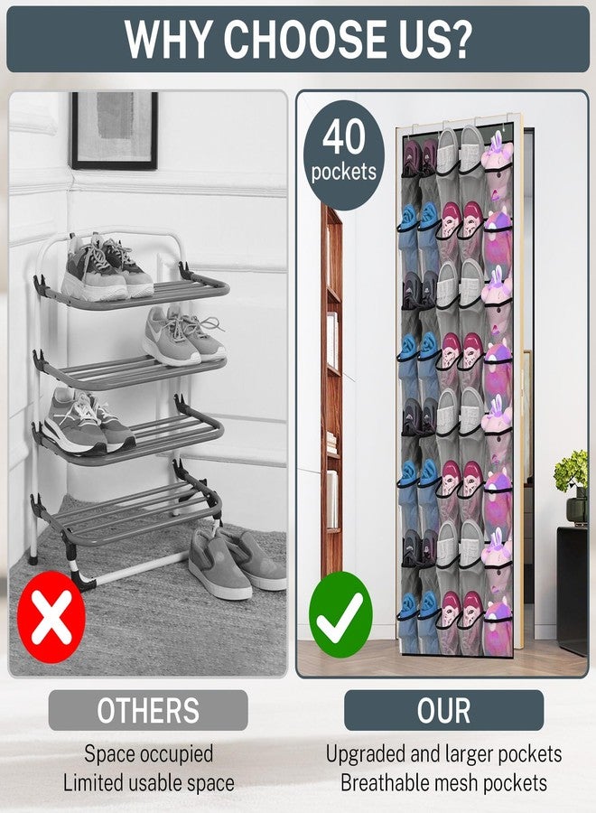 Hualleko 2PCS 40-Pocket Over the Door Shoe Organizer, Hanging Shoe Rack for Closet Door,Shoes Storage Holder Hanger with Large Mesh Pocket for Women Men Shoes,Flip Flops (Gray2) - Image 2