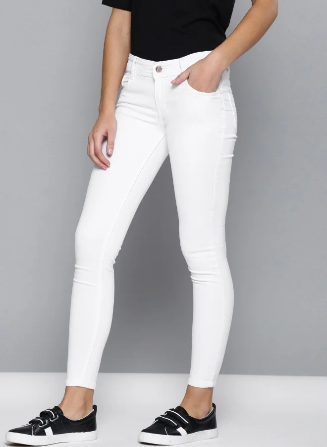 Women's White Cotton Blend Solid Full Length Slim Fit Jeans