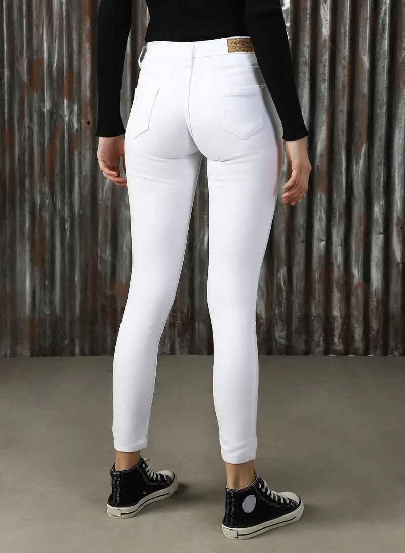 HIGH STAR  Women's White Cotton Blend Solid Full Length Slim Fit Jeans for Women | Best Price UAE