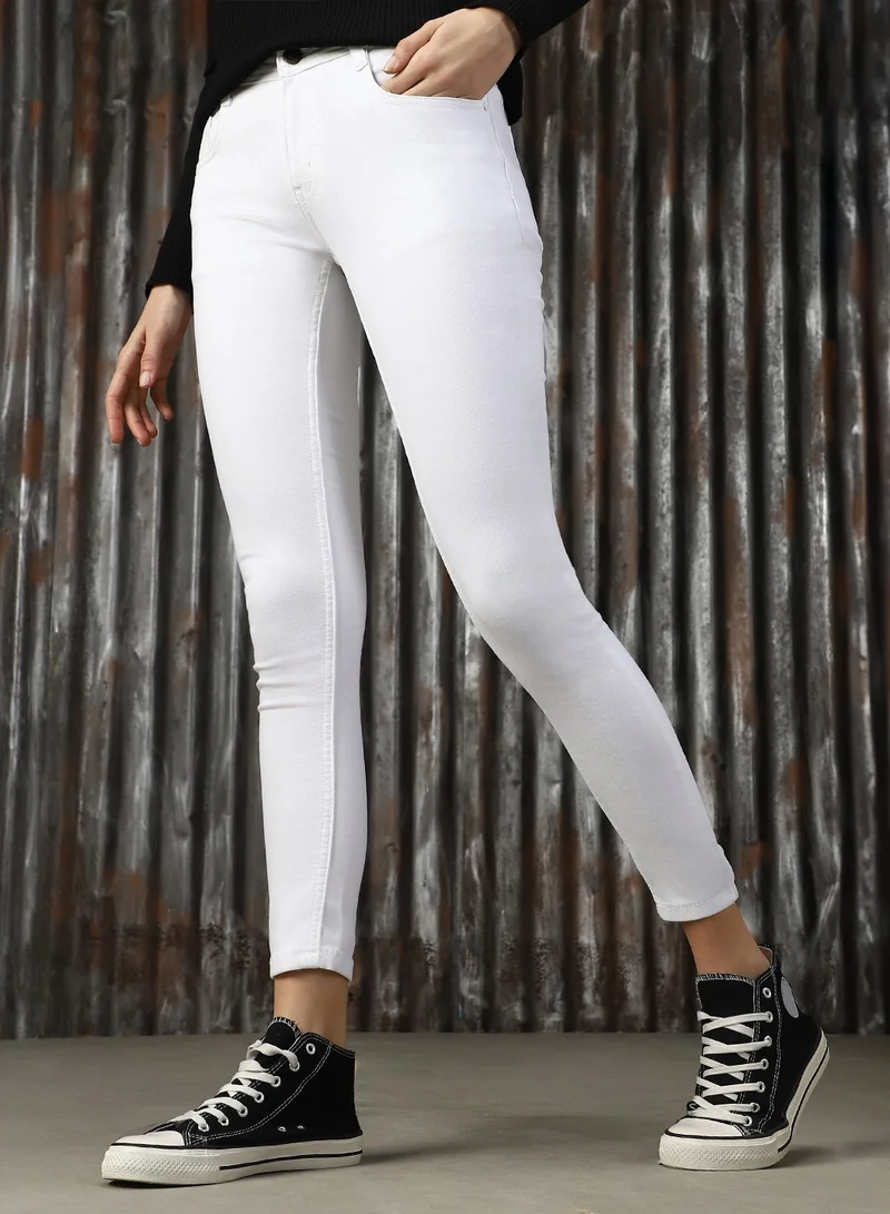 HIGH STAR  Women's White Cotton Blend Solid Full Length Slim Fit Jeans for Women | Best Price UAE