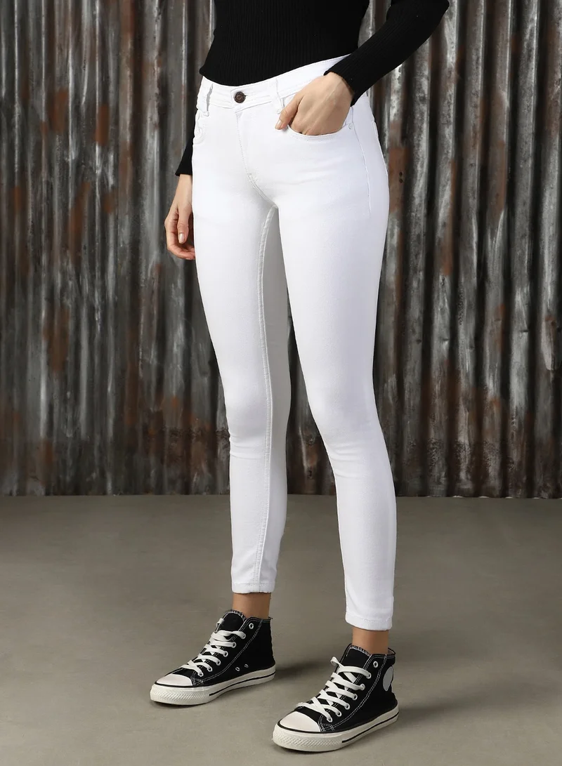 HIGH STAR  Women's White Cotton Blend Solid Full Length Slim Fit Jeans for Women | Best Price UAE