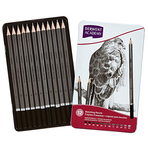 Derwent Academy Black Sketching Pencils Tin, 6B-5H (Set of 12) - Image 1