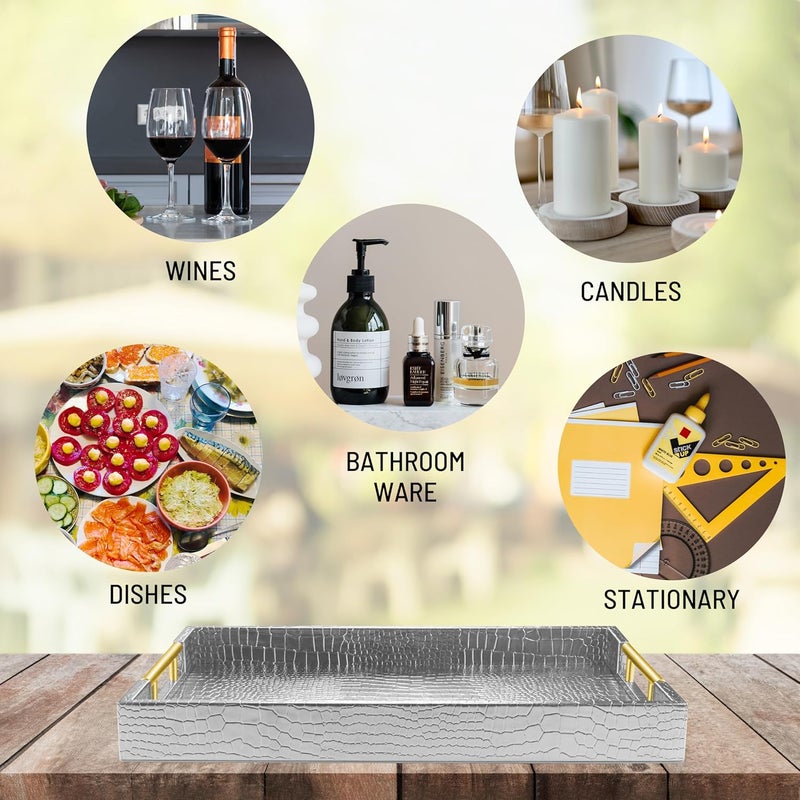 ATZYmolin 17" x 12" Wood Serving Tray with Gold Polished Metal Handles, Home Decorative Wooden Rectangle Ottoman Leather Decor Platter Bathroom Vanity Tray for All Occasions Alligator Silvery - Image 5