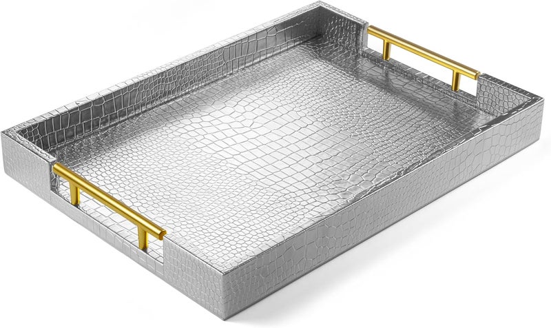 ATZYmolin 17" x 12" Wood Serving Tray with Gold Polished Metal Handles, Home Decorative Wooden Rectangle Ottoman Leather Decor Platter Bathroom Vanity Tray for All Occasions Alligator Silvery - Image 1