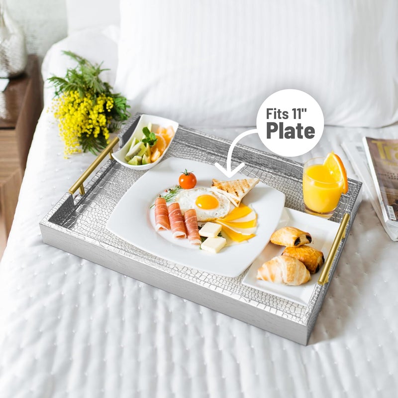 ATZYmolin 17" x 12" Wood Serving Tray with Gold Polished Metal Handles, Home Decorative Wooden Rectangle Ottoman Leather Decor Platter Bathroom Vanity Tray for All Occasions Alligator Silvery - Image 4