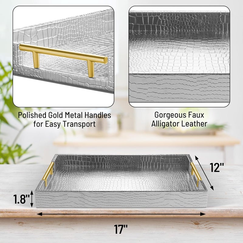 ATZYmolin 17" x 12" Wood Serving Tray with Gold Polished Metal Handles, Home Decorative Wooden Rectangle Ottoman Leather Decor Platter Bathroom Vanity Tray for All Occasions Alligator Silvery - Image 2