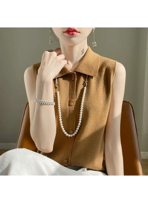 2024 Early Spring Autumn Matching Partner Design Sensibility Imitation Wool Shirt Collar Knit Vest Versatile Sleeveless Inner Wo Khaki