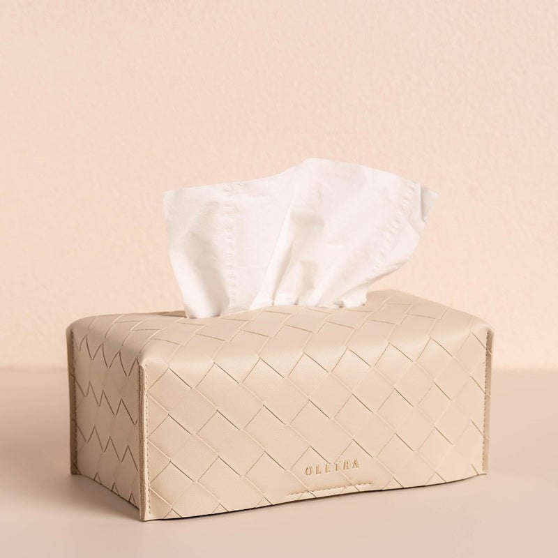 OLETHA Aesthetic Rectangle Tissue Box Cover  Medium Flat Box Tissues Holder Rectangular  Woven Textured  Light Taupe - Image 1