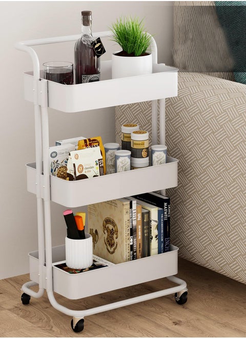 3-Layer Storage Rack, Pushable Storage Rack with Armrests and Wheels, Suitable for A Variety of Storage Needs, Size: 85x45x35cm (White)