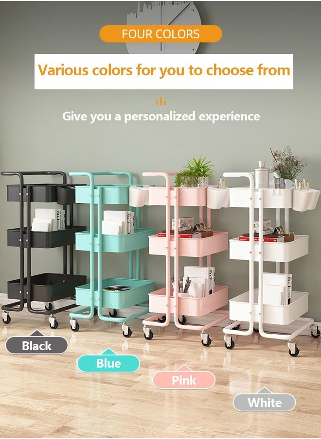 3-Layer Storage Rack, Pushable Storage Rack with Armrests and Wheels, Suitable for A Variety of Storage Needs, Size: 85x45x35cm (White)