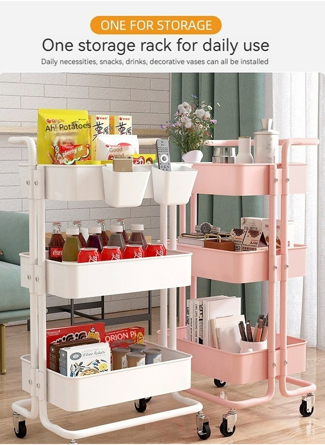 3-Layer Storage Rack, Pushable Storage Rack with Armrests and Wheels, Suitable for A Variety of Storage Needs, Size: 85x45x35cm (White)