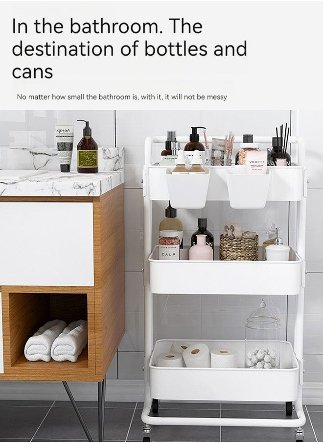 3-Layer Storage Rack, Pushable Storage Rack with Armrests and Wheels, Suitable for A Variety of Storage Needs, Size: 85x45x35cm (White)