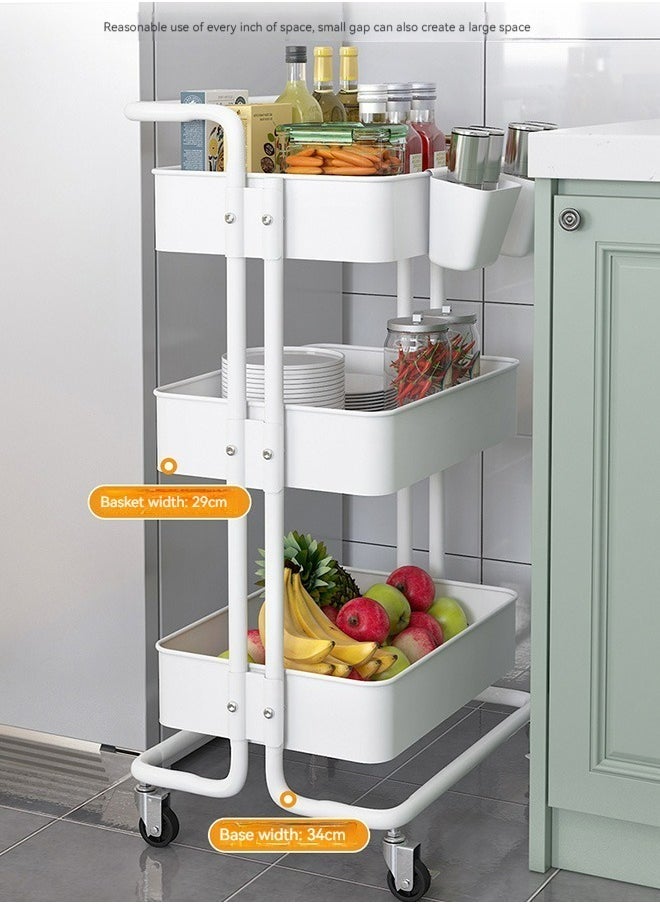 3-Layer Storage Rack, Pushable Storage Rack with Armrests and Wheels, Suitable for A Variety of Storage Needs, Size: 85x45x35cm (White)