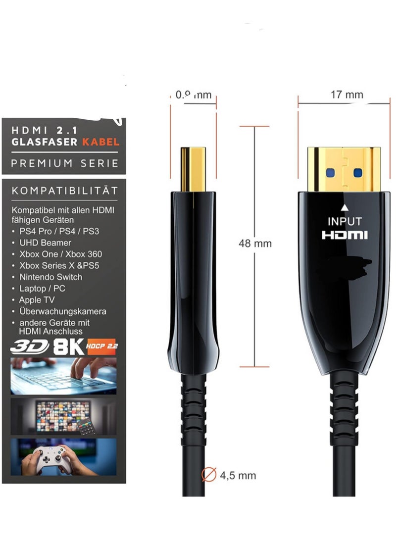 كابل HDMI 2.1 بالألياف الضوئية بطول 20 متر - سرعة فائقة بدقة 8K@120Hz و4K@240Hz، يدعم HDR10+، 3D، eARC، CEC، وحماية HDCP 2.3 مع وصلات مطلية بالذهب  - Image 2