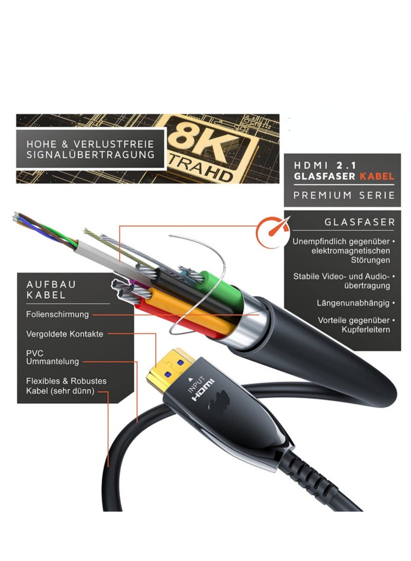 كابل HDMI 2.1 بالألياف الضوئية بطول 20 متر - سرعة فائقة بدقة 8K@120Hz و4K@240Hz، يدعم HDR10+، 3D، eARC، CEC، وحماية HDCP 2.3 مع وصلات مطلية بالذهب  - Image 3