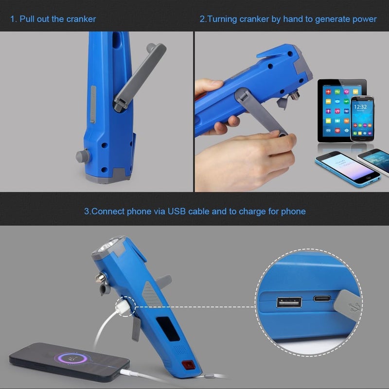 Luxon 8-in-1 Car Emergency Escape Safety Tool Kit:Window Breaker,Seat Belt Cutter,LED Flashlight,Rescue Tool USB Charger,Sire Blink Light, Hand Cranking Charge,Magnetic for Vehicle Escape(Blue) - Image 3