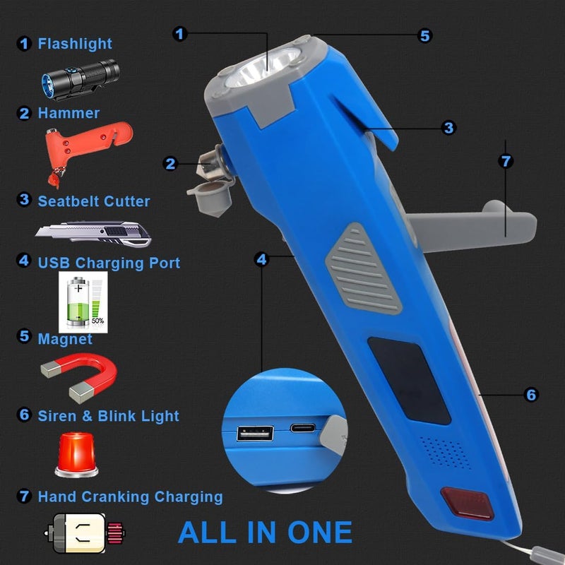 Luxon 8-in-1 Car Emergency Escape Safety Tool Kit:Window Breaker,Seat Belt Cutter,LED Flashlight,Rescue Tool USB Charger,Sire Blink Light, Hand Cranking Charge,Magnetic for Vehicle Escape(Blue) - Image 2