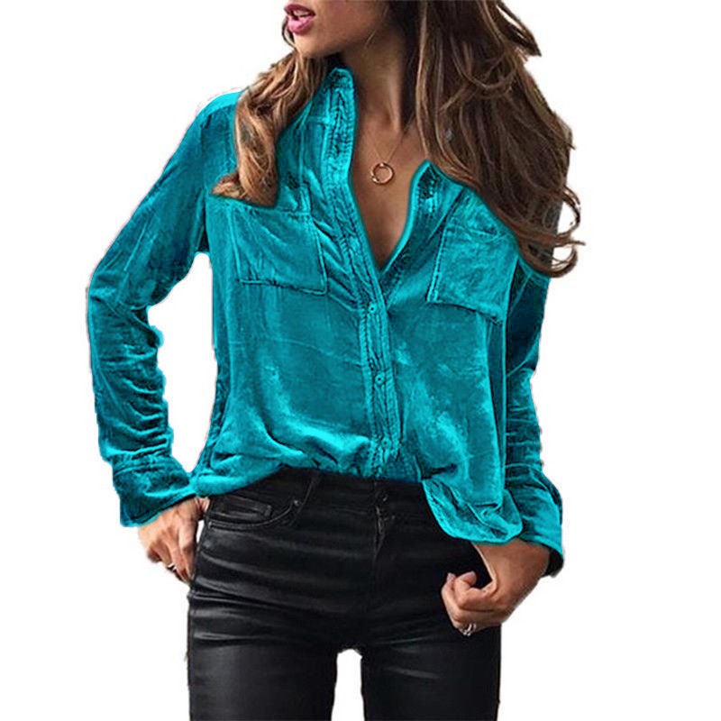 in stock Europe and the United States cross-border Amazon pocket shirt blouse solid color temperament long sleeve single breasted shirt women SEA BLUE