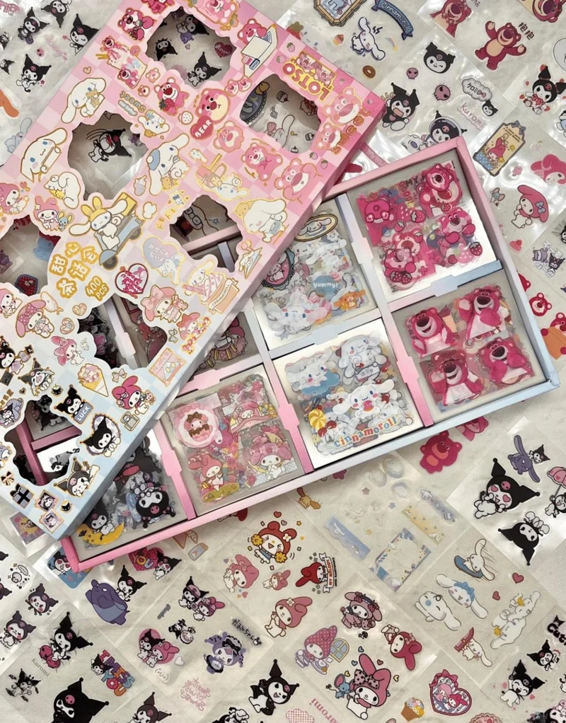 Kağıt Gemi Dükkan Sanrio Kuromi My Melody Cinnamoroll Cute Bear Patterned 8 Sections 400 Sheets Transparent Pet Sticker Set