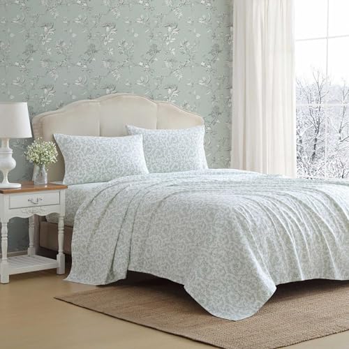 Laura Ashley Flannel Sheets King Size AntiPilling Wrinkle Resistant Cotton Touchably Soft for AllSeason Comfort Bed Sheets with Matching Pillowcases Fitted Sheet Brinna Green - Image 1