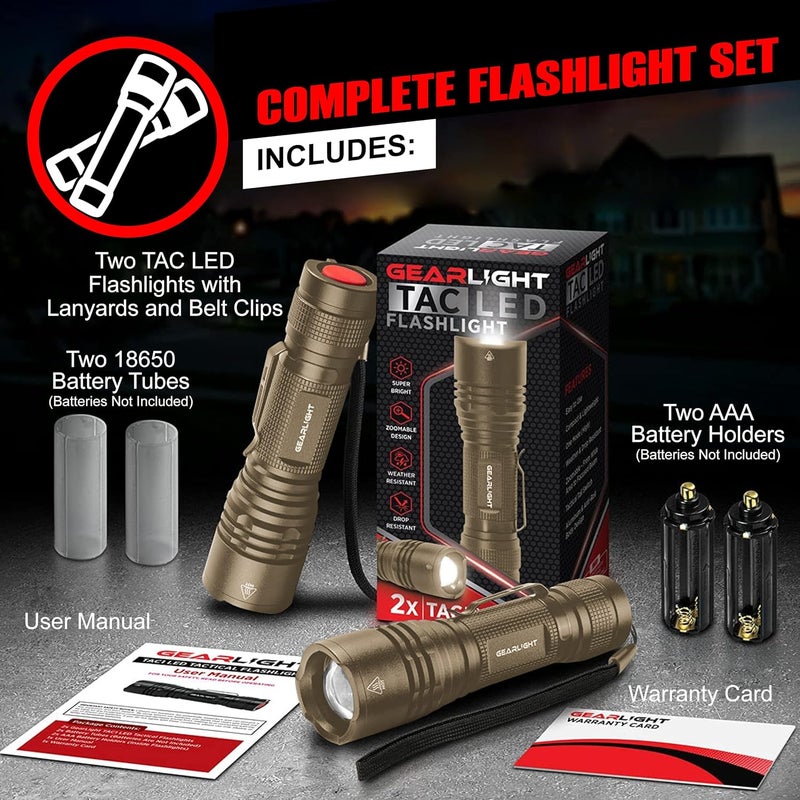 GearLight TAC LED Flashlight Pack - 2 Super Bright, Compact Tactical Flashlights with High Lumens for Outdoor Activity & Emergency Use - Gifts for Men & Women - Desert Tan - Image 3