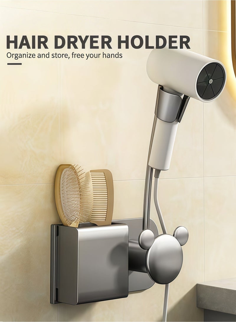 MIXDE Wall Mounted Hair Dryer Holder,Hands-Free Detachable Blow Dryer Holder Stand With Storage Space,Shower Caddy Bathroom Accessories - Image 2