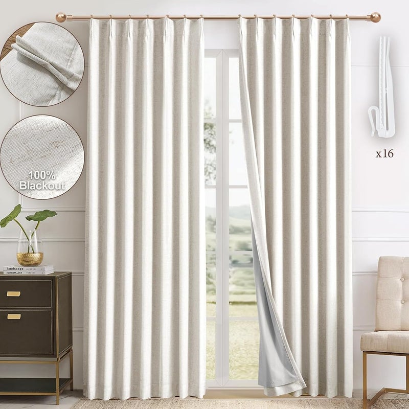 IVAPUPU Natural Thick Linen Blend Pinch Pleated Blackout Curtains for Bedroom - 2 Pages Black Out Curtains 90 Inch 2 Panels Set for Living Room Darkening Thermal Window Curtain Drapes with 16pc Hooks - Image 1