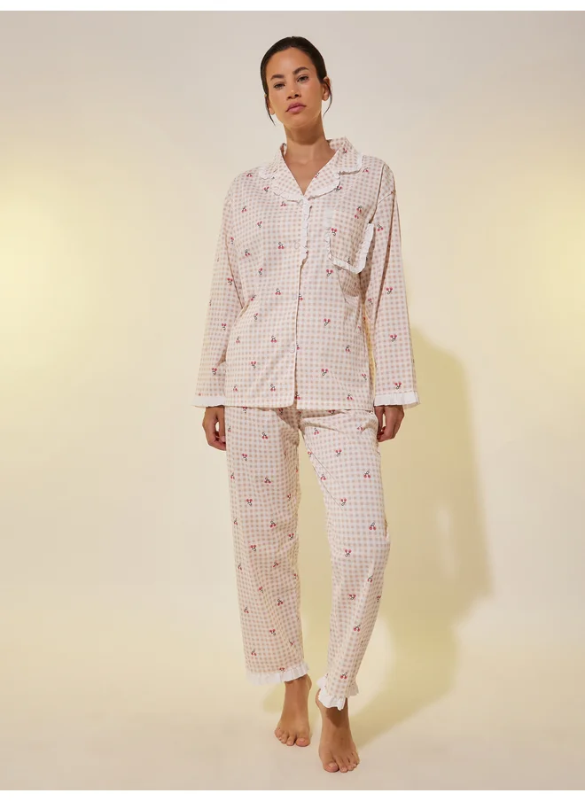 تايك تو Take Two Lace Trim Checked Buttoned Shirt and Pyjama Set