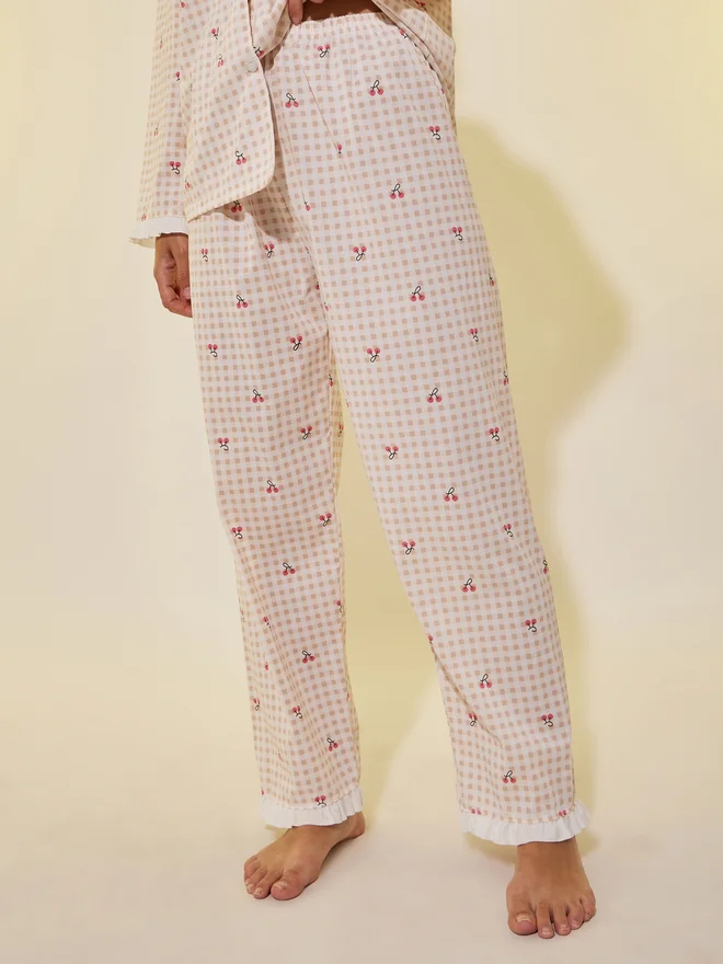 Take Two Take Two Lace Trim Checked Buttoned Shirt and Pyjama Set