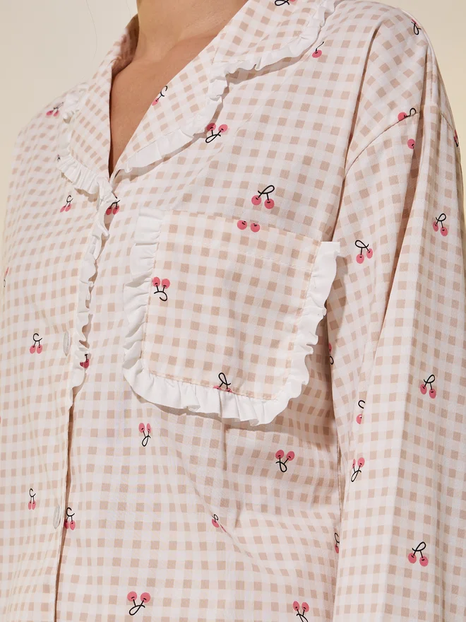Take Two Take Two Lace Trim Checked Buttoned Shirt and Pyjama Set
