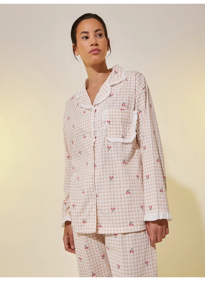 تايك تو Take Two Lace Trim Checked Buttoned Shirt and Pyjama Set