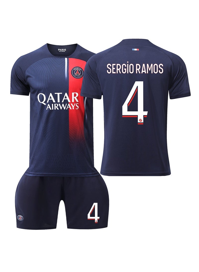 عام مجموعة هدايا تتضمن قميص كرة القدم الرسمي للمنزل لفريق باريس 2023/24 برقم 4 للاعب سيرجيو راموس مع شورت، مقاسات للأطفال والكبار، هدية مثالية لأصدقاء المشجعين - Image 1