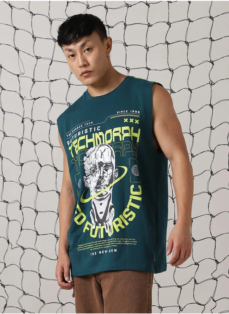 Hubberholme Men's Green 100% Cotton Printed Oversized T-Shirt