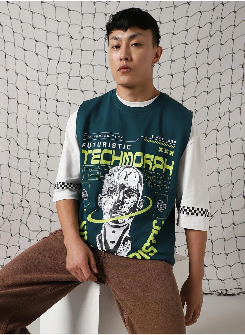 Hubberholme Men's Green 100% Cotton Printed Oversized T-Shirt