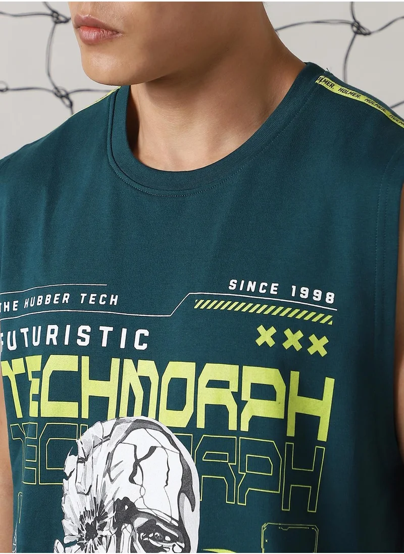 Hubberholme Men's Green 100% Cotton Printed Oversized T-Shirt