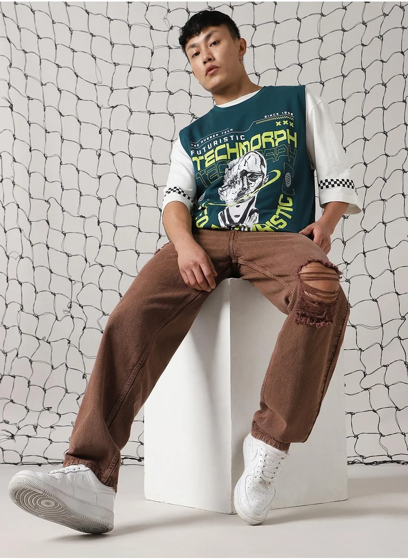 Hubberholme Men's Green 100% Cotton Printed Oversized T-Shirt