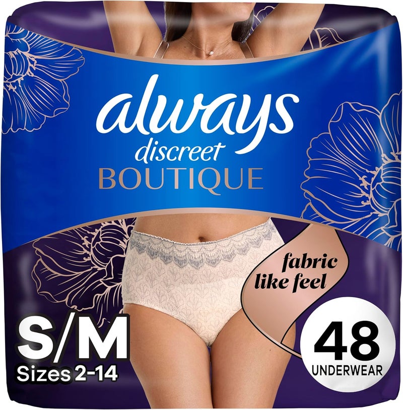 Always Discreet Always Discreet Boutique Incontinence and Postpartum Underwear for Women, Maximum Protection, S/M, Rosy, 48 Count 