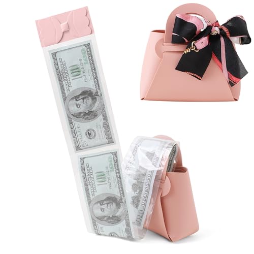 Vane Oak Money Pull Box for Cash, Surprise Money Boxes with Ribbon Leather Mini Bags with 30 Pcs Transparent Bags for Birthday Party Christmas (Pink) - Image 1