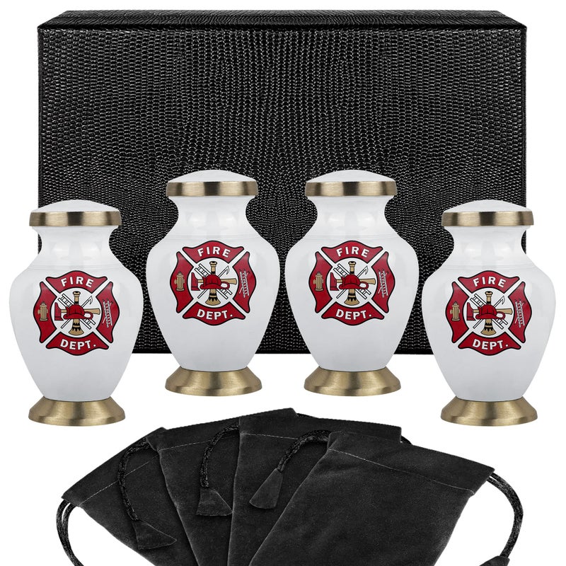 Trupoint Memorials Small Urns for Human Ashes Keepsake Military and Patriotic Decorative Mini Cremation Urn for Veteran Adult Men  Women Set of 4 White Red Fireman