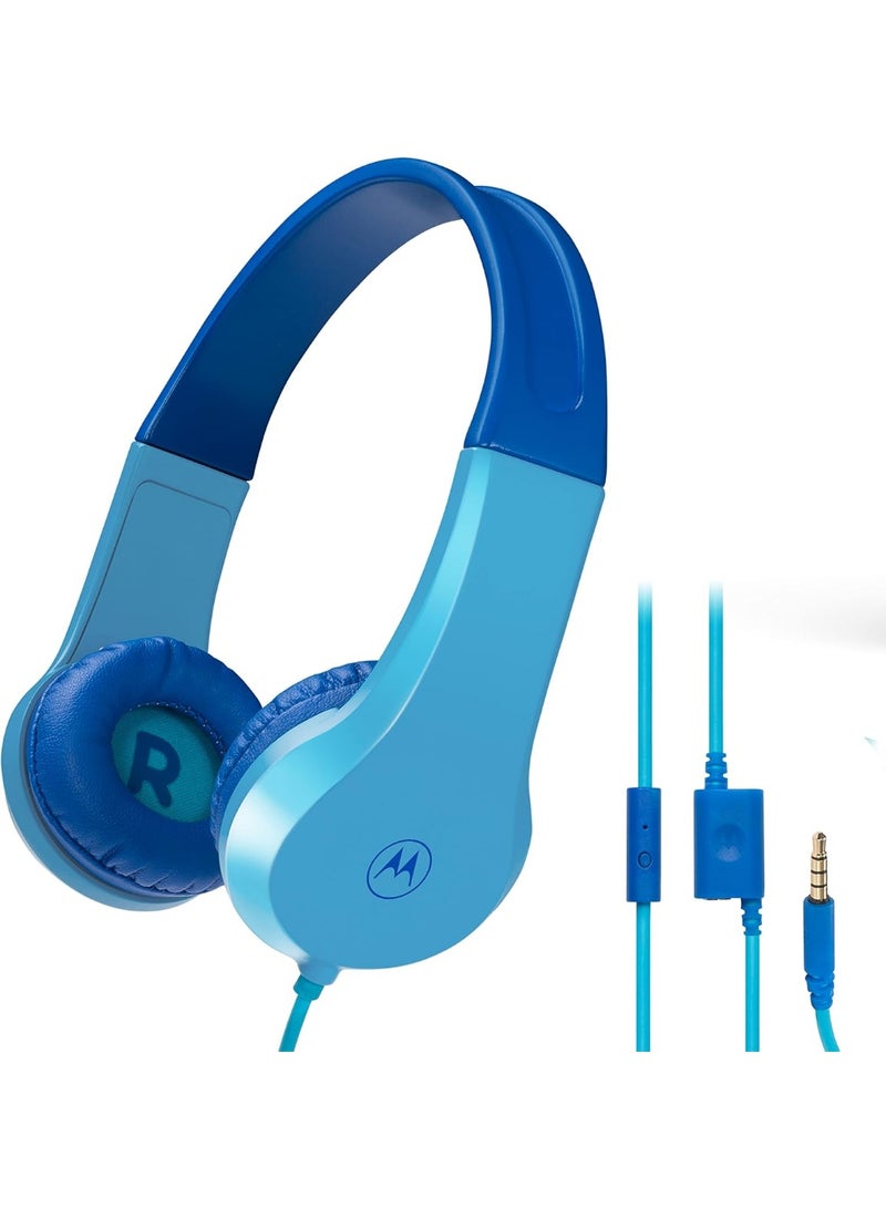 Motorola MOTO JR200 Wired Kids Headphones, Hearing Safe, Built-in Microphone, Hypoallergenic Ear Cushions, 85dB Volume, Blue  - Image 1