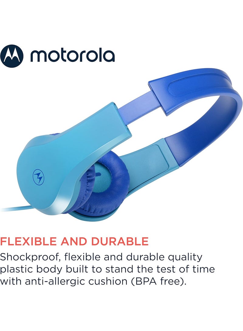 Motorola MOTO JR200 Wired Kids Headphones, Hearing Safe, Built-in Microphone, Hypoallergenic Ear Cushions, 85dB Volume, Blue  - Image 4