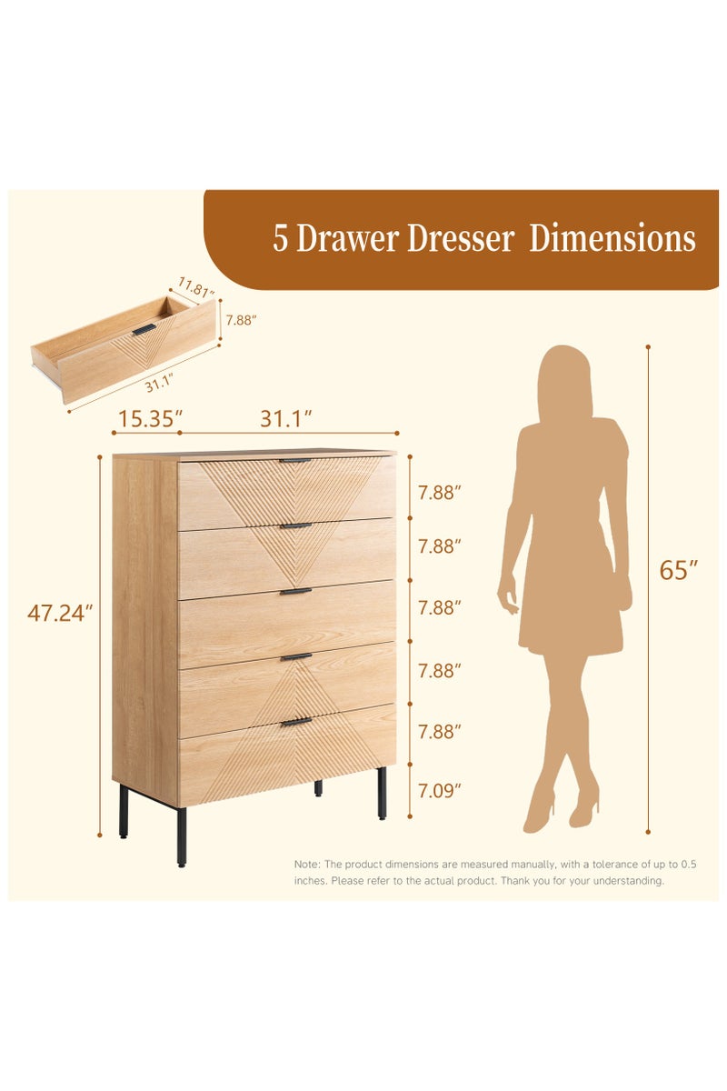 Chogori 5 Drawer Dresser for Bedroom, Fluted Tall Dresser for Closet, Wooden Chest of Drawers for Living Room, Hallway - Image 2