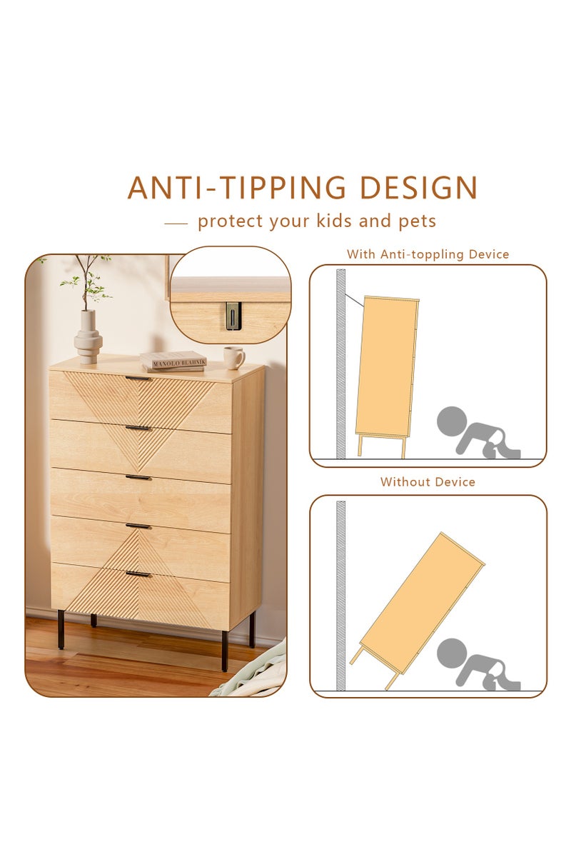 Chogori 5 Drawer Dresser for Bedroom, Fluted Tall Dresser for Closet, Wooden Chest of Drawers for Living Room, Hallway - Image 3