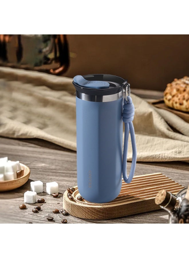 هابي هوم كوب قهوة من الفولاذ المقاوم للصدأ مع غطاء، كوب سفر مزدوج الجدار قابل لإعادة الاستخدام للمشروبات الساخنة والباردة، مانع للتسرب، سهل التنظيف، سعة 500 مل - أزرق - Image 2