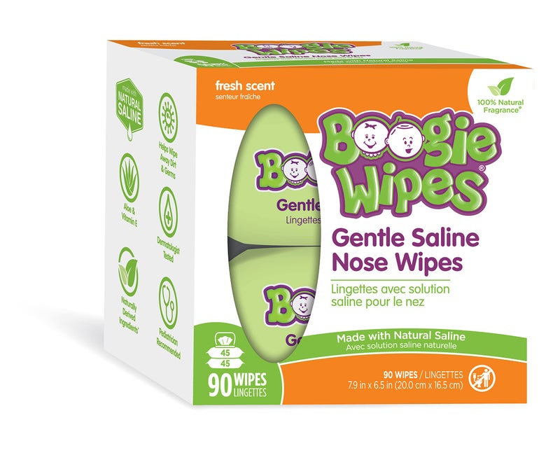 Boogie Boogie Wipes Saline Wipes for Baby Kids Nose Booger Wipes for Allergy Relief Face Hand Body Made with Vitamin E Aloe and Natural Saline Fresh Scent 45 Count Pack of 2