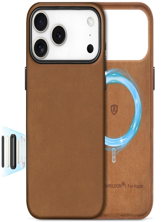 شيلدون جراب SHIELDON لهاتف iPhone 17 Pro Max مقاس 6.9 بوصة، مصنوع من جلد Crazy Horse، يدعم الشحن اللاسلكي المغناطيسي، تصميم نحيف، مقاوم للانزلاق والخدوش، مزود بأزرار معدنية، غطاء هاتف مقاوم للصدمات - بني - Image 1