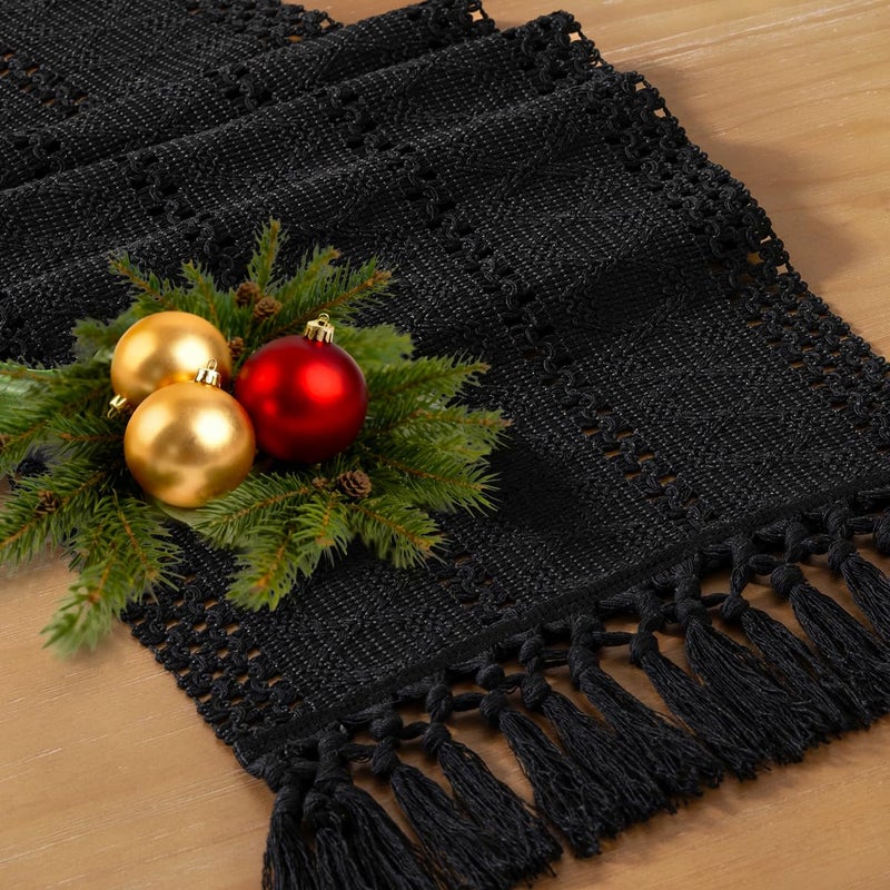 Socomi Boho Table Runner Easter Spring Farmhouse Rustic Dining Kitchen Centerpiece Decor Small Macrame Woven Cotton Linen Coffee Table Runner for Dresser Scarf Home Decor 12x48 inch Black - Image 1