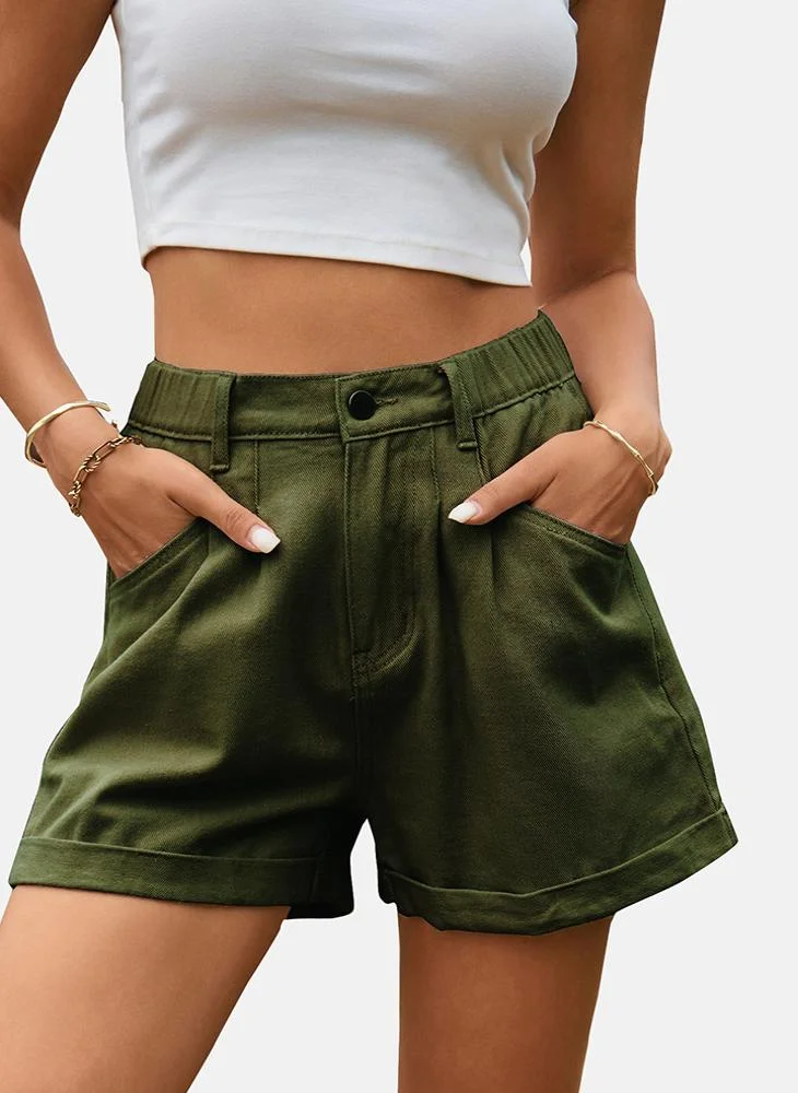 YUNIQEE Green Mid Rise Plain Slim Fit Shorts