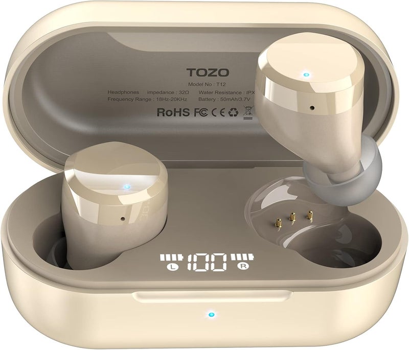 توزو سماعات أذن لاسلكية T12 (إصدار مريح كبير) بتقنية Bluetooth 5.3، أداء صوت ممتاز، تحكم باللمس، شاشة LED رقمية، علبة شحن لاسلكية، سماعات أذن، لون الشمبانيا - Image 1